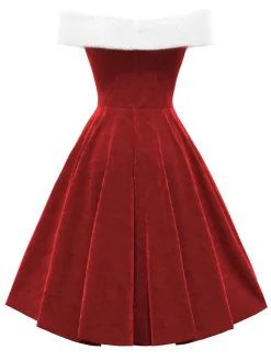 Best Retro Stage Red 1950s Christmas Off-Shoulder Velvet Dress Deep Red