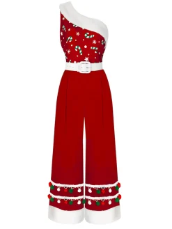 Clearance Retro Stage Red 1950s Christmas One Shoulder Fur Ball Belted Jumpsuit