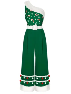 Clearance Retro Stage Red 1950s Christmas One Shoulder Fur Ball Belted Jumpsuit