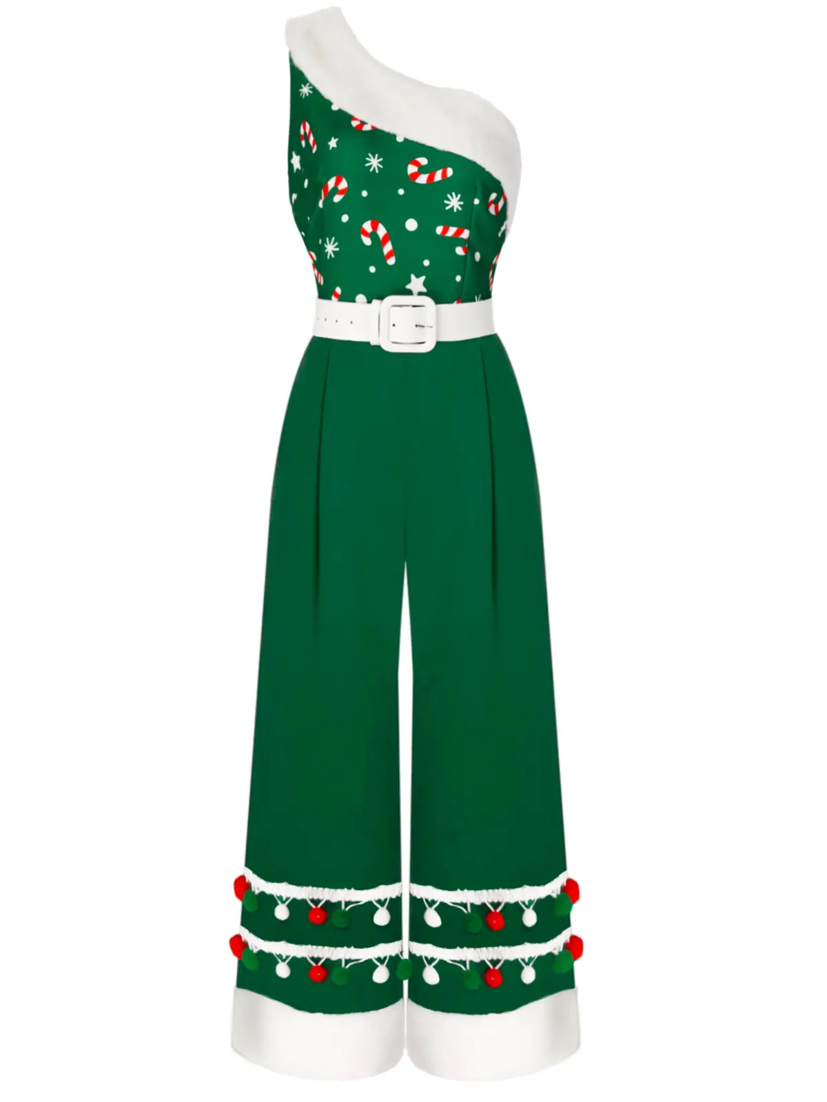 Clearance Retro Stage Red 1950s Christmas One Shoulder Fur Ball Belted Jumpsuit