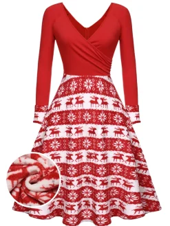 New Retro Stage 1950s Christmas Patchwork Swing Dress Red