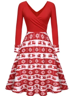 New Retro Stage 1950s Christmas Patchwork Swing Dress Red