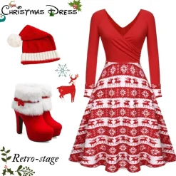 New Retro Stage 1950s Christmas Patchwork Swing Dress Red