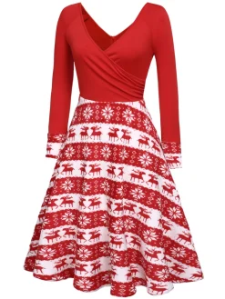 New Retro Stage 1950s Christmas Patchwork Swing Dress Red