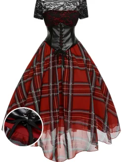 Fashion Retro Stage 1950s Christmas Plaid Girdle Dress Red