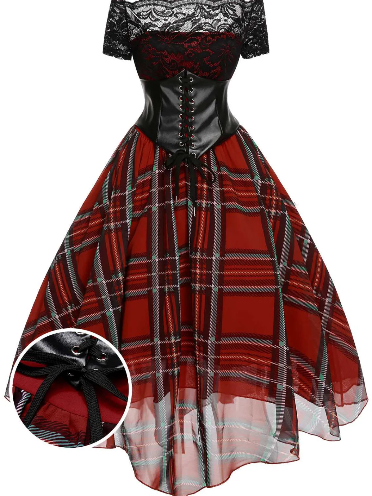 Fashion Retro Stage 1950s Christmas Plaid Girdle Dress Red
