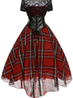 Fashion Retro Stage 1950s Christmas Plaid Girdle Dress Red