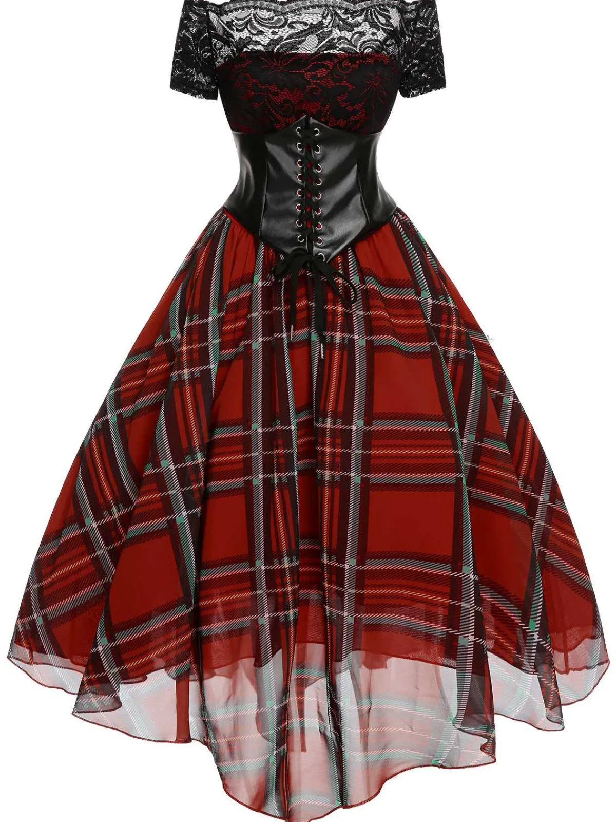 Fashion Retro Stage 1950s Christmas Plaid Girdle Dress Red