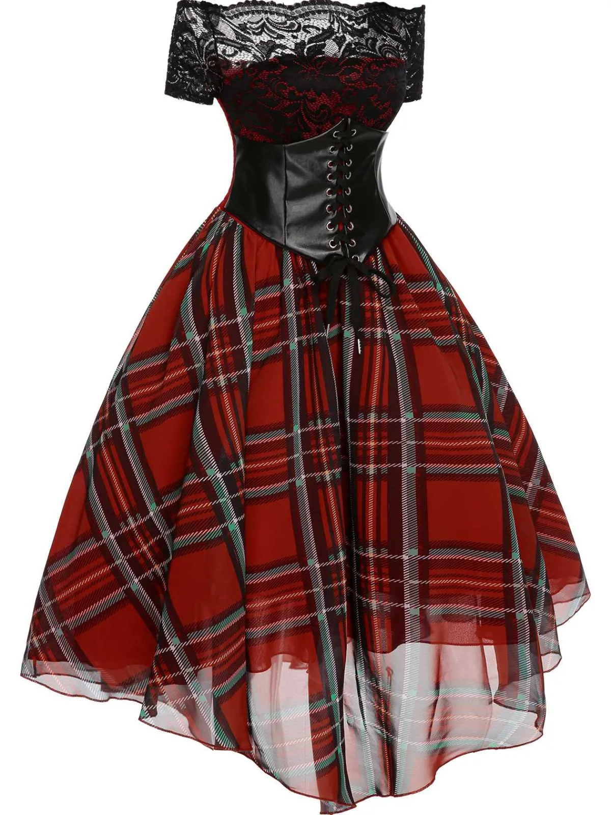 Fashion Retro Stage 1950s Christmas Plaid Girdle Dress Red