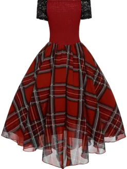 Fashion Retro Stage 1950s Christmas Plaid Girdle Dress Red