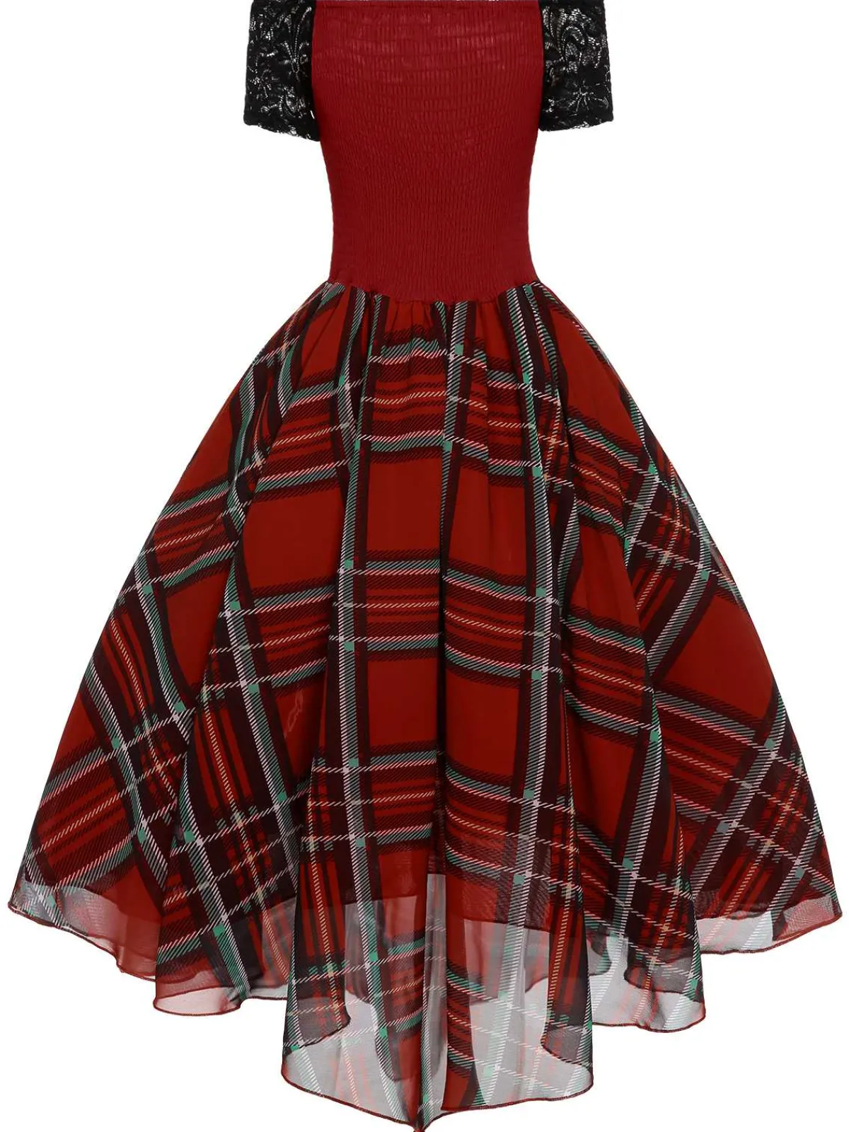 Fashion Retro Stage 1950s Christmas Plaid Girdle Dress Red