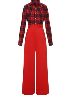 Sale Retro Stage 1930s Christmas Plaid Jumpsuit Red