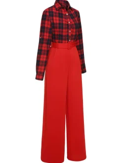 Sale Retro Stage 1930s Christmas Plaid Jumpsuit Red