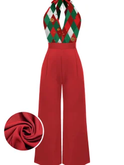 New Retro Stage Red 1930s Christmas Plaid Lace Patchwork Jumpsuit