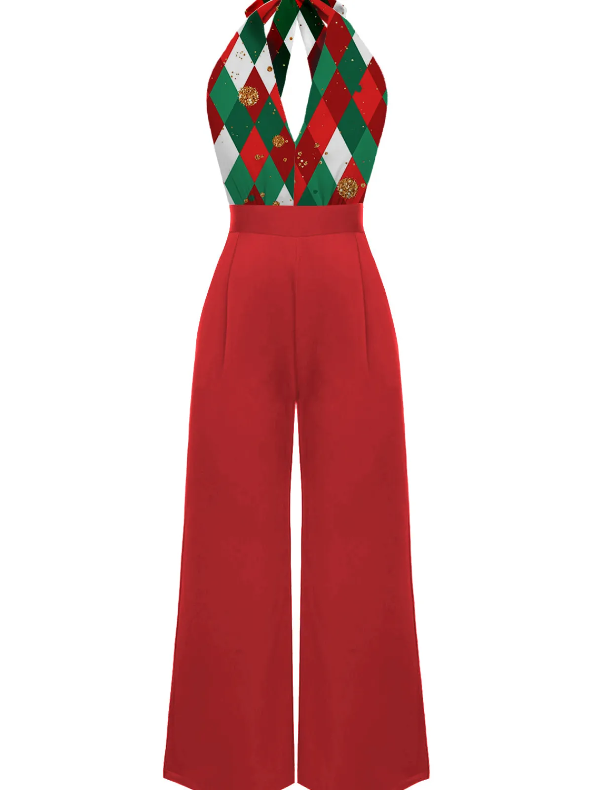 New Retro Stage Red 1930s Christmas Plaid Lace Patchwork Jumpsuit