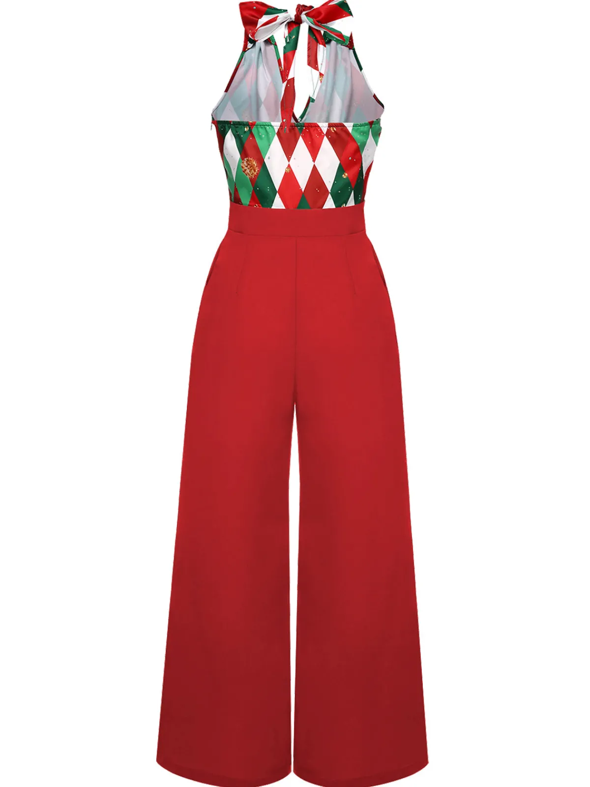 New Retro Stage Red 1930s Christmas Plaid Lace Patchwork Jumpsuit