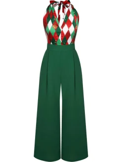 New Retro Stage Red 1930s Christmas Plaid Lace Patchwork Jumpsuit