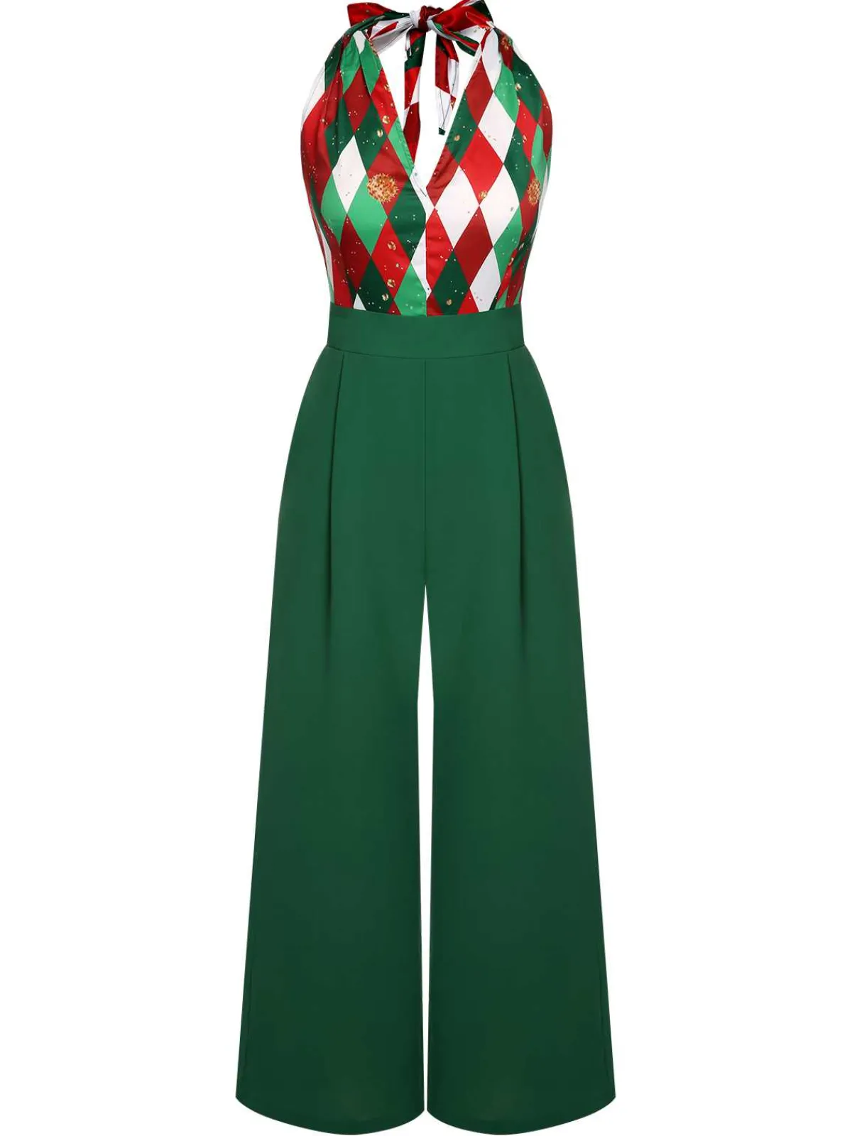 New Retro Stage Red 1930s Christmas Plaid Lace Patchwork Jumpsuit