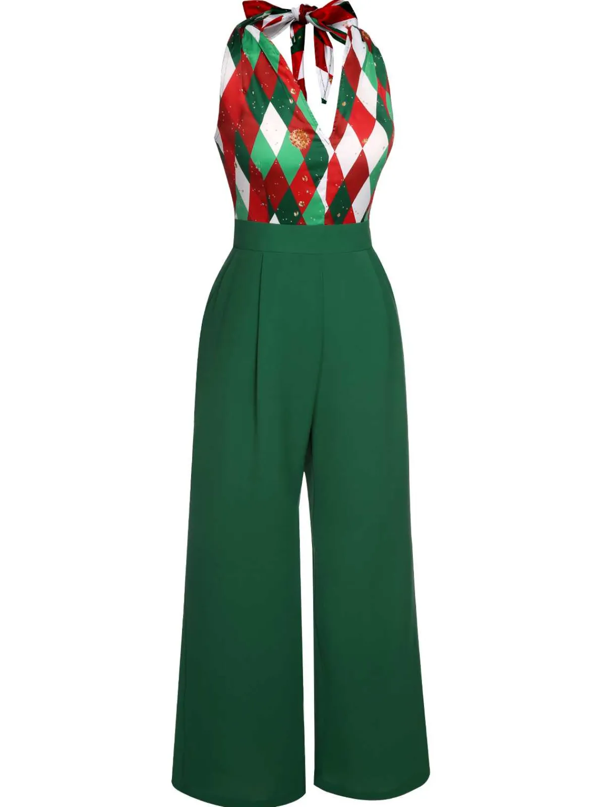 New Retro Stage Red 1930s Christmas Plaid Lace Patchwork Jumpsuit
