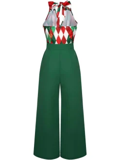 New Retro Stage Red 1930s Christmas Plaid Lace Patchwork Jumpsuit