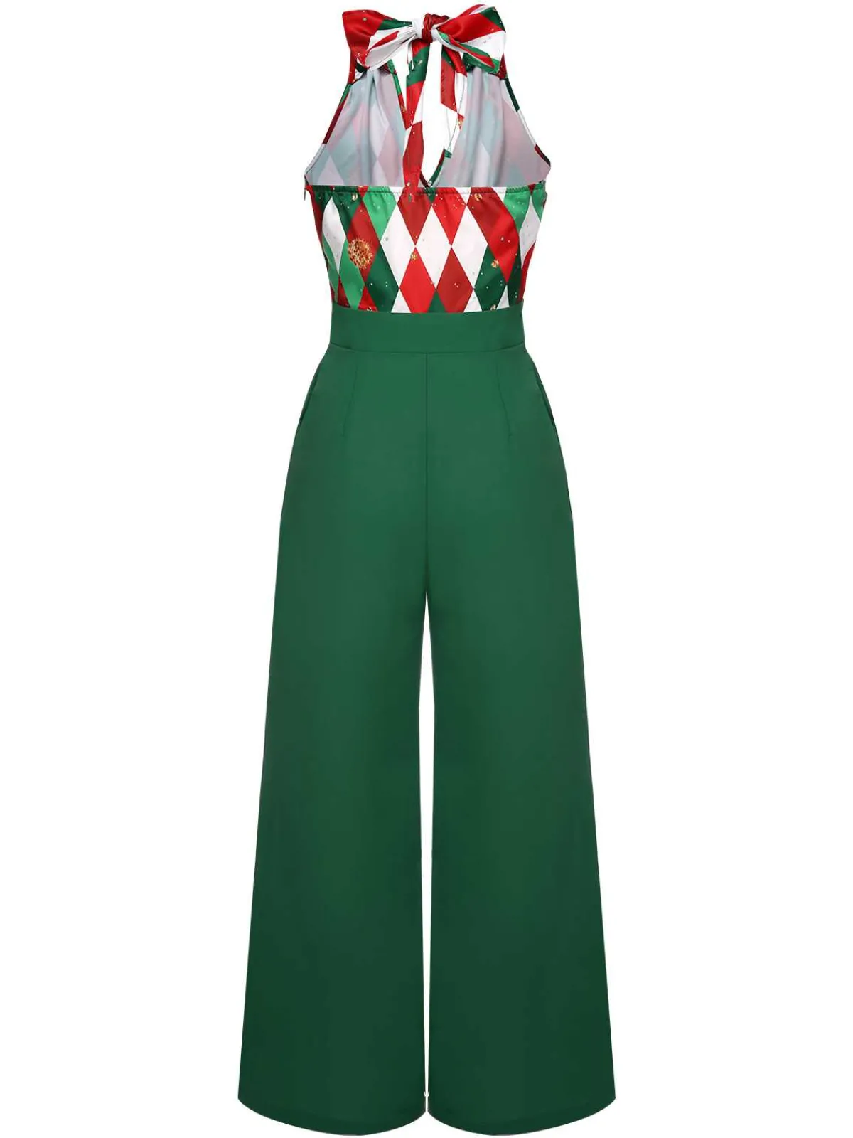 New Retro Stage Red 1930s Christmas Plaid Lace Patchwork Jumpsuit