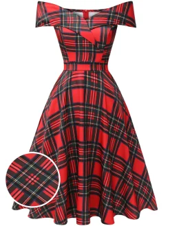Best Retro Stage 1950s Christmas Plaid Off-Shoulder Dress Red