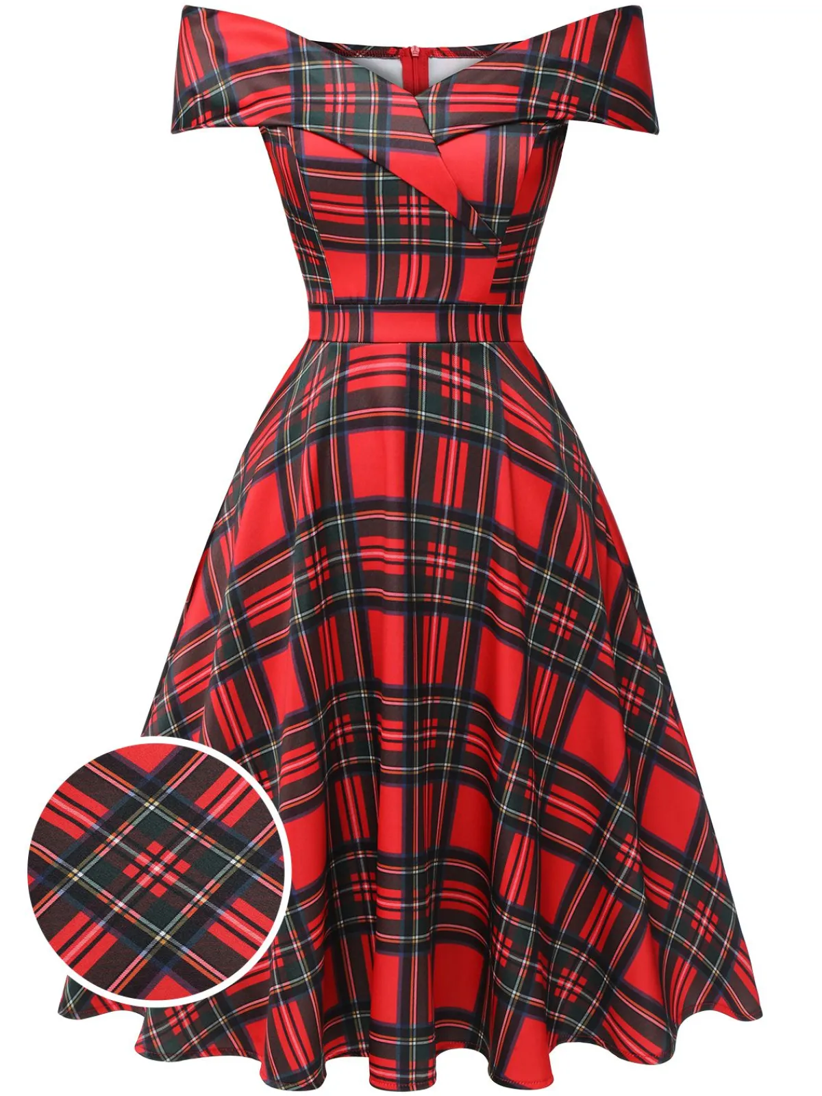 Best Retro Stage 1950s Christmas Plaid Off-Shoulder Dress Red