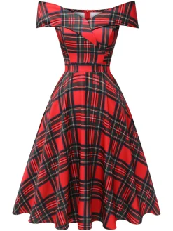 Best Retro Stage 1950s Christmas Plaid Off-Shoulder Dress Red