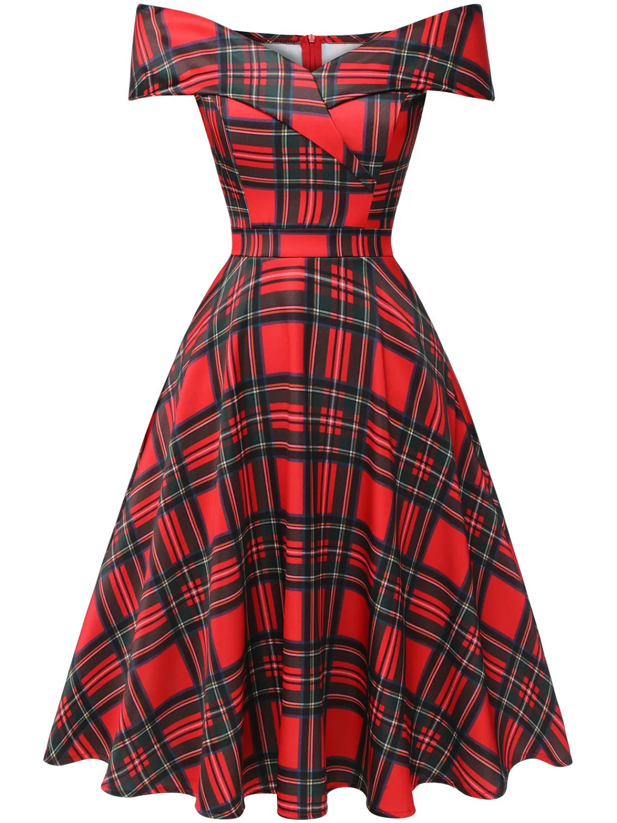 Best Retro Stage 1950s Christmas Plaid Off-Shoulder Dress Red