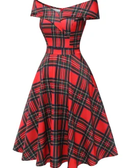 Best Retro Stage 1950s Christmas Plaid Off-Shoulder Dress Red