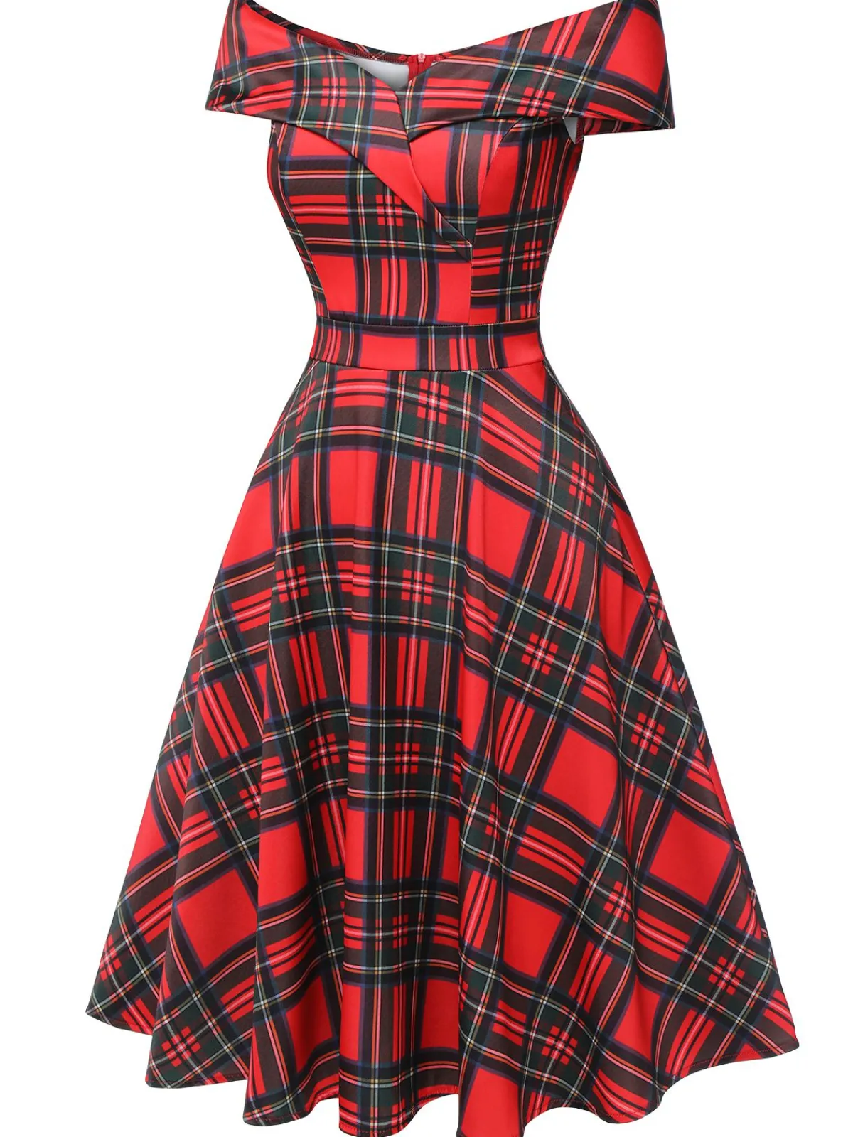 Best Retro Stage 1950s Christmas Plaid Off-Shoulder Dress Red