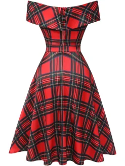 Best Retro Stage 1950s Christmas Plaid Off-Shoulder Dress Red
