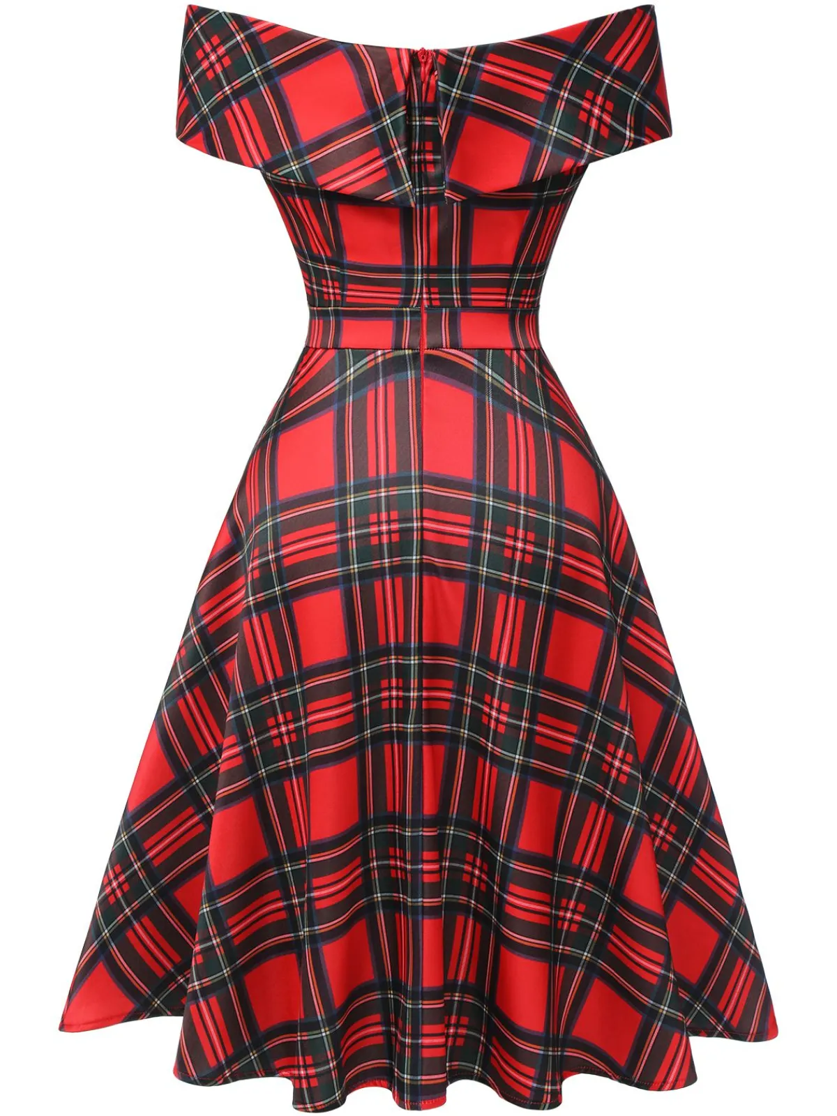 Best Retro Stage 1950s Christmas Plaid Off-Shoulder Dress Red