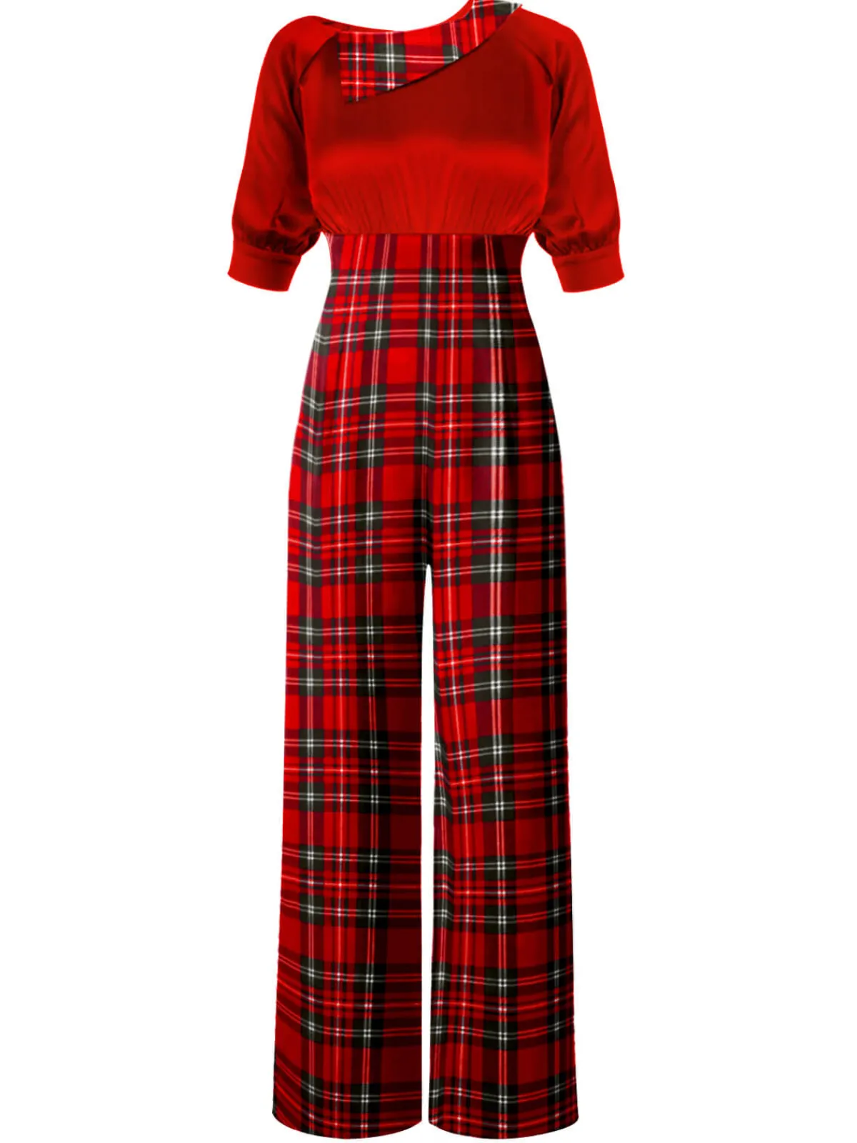 Sale Retro Stage Red 1930s Christmas Plaid Short Sleeved Jumpsuit