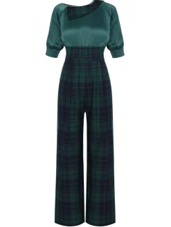 Sale Retro Stage Red 1930s Christmas Plaid Short Sleeved Jumpsuit