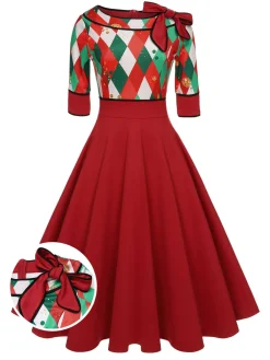 Best Retro Stage Red 1950s Christmas Plaids Bow Decor Dress