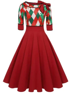 Best Retro Stage Red 1950s Christmas Plaids Bow Decor Dress