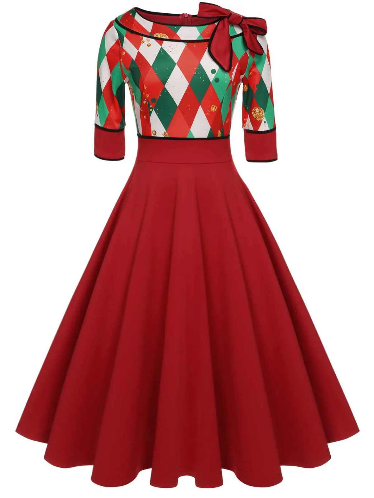 Best Retro Stage Red 1950s Christmas Plaids Bow Decor Dress