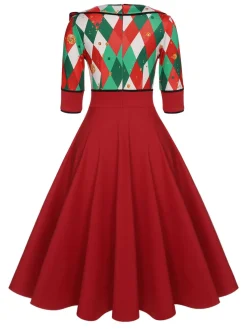 Best Retro Stage Red 1950s Christmas Plaids Bow Decor Dress