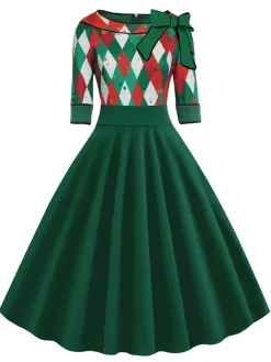 Best Retro Stage Red 1950s Christmas Plaids Bow Decor Dress