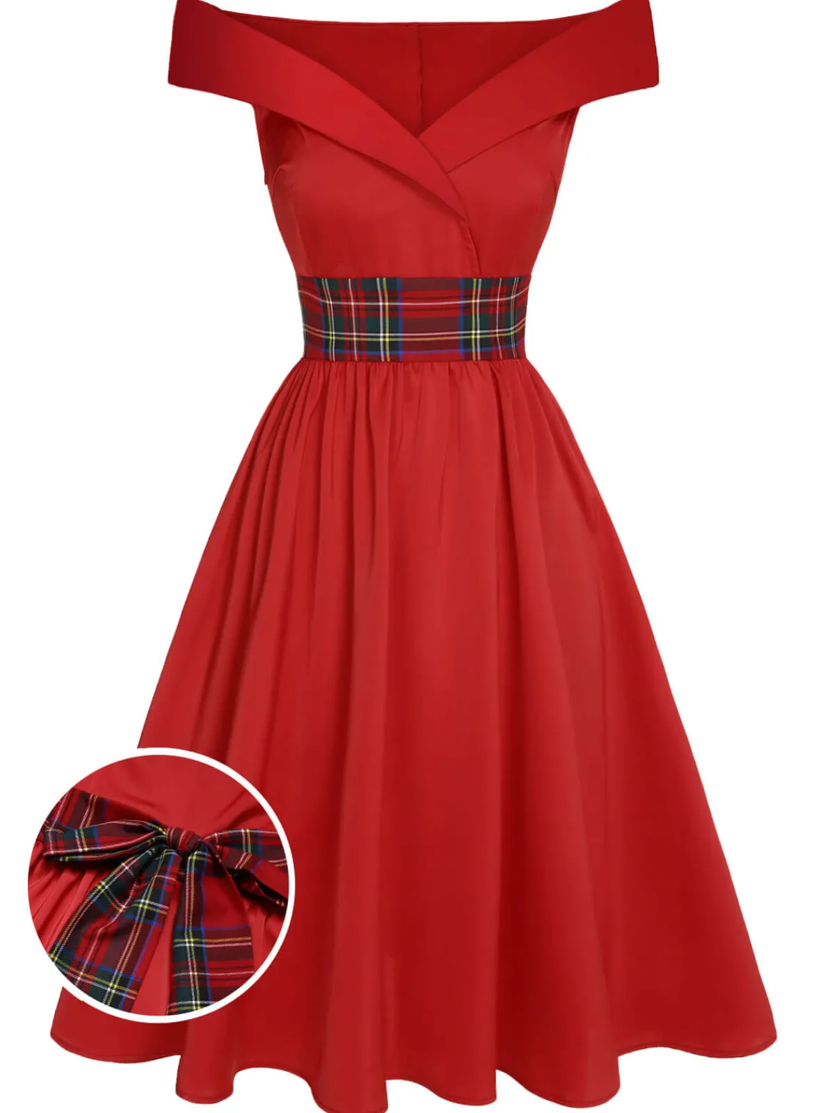 Best Retro Stage 1950s Christmas Plaids Off-Shoulder Dress Red
