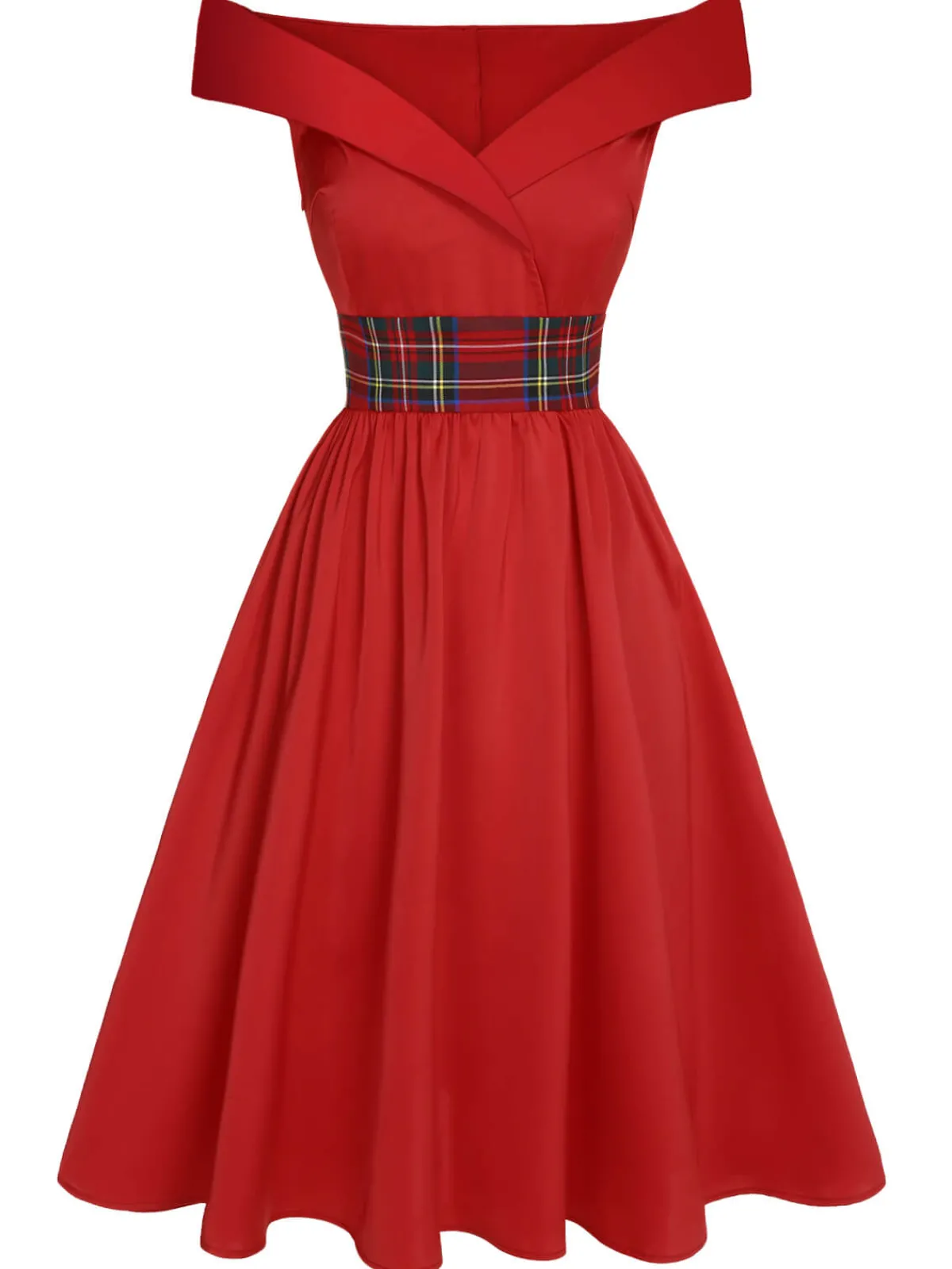 Best Retro Stage 1950s Christmas Plaids Off-Shoulder Dress Red