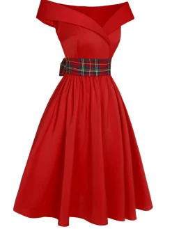 Best Retro Stage 1950s Christmas Plaids Off-Shoulder Dress Red