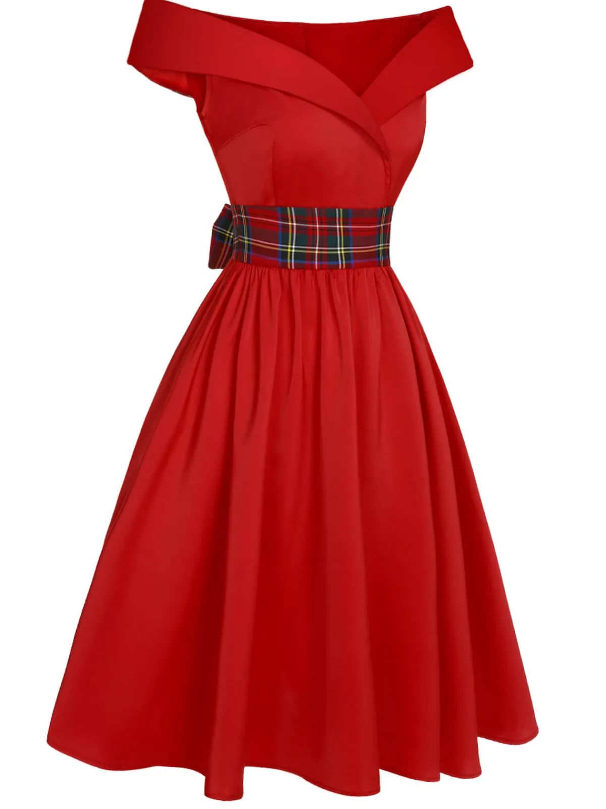 Best Retro Stage 1950s Christmas Plaids Off-Shoulder Dress Red