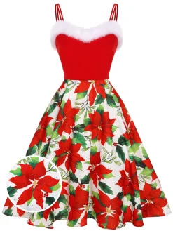 Online Retro Stage 1950s Christmas Poinsettia Shaggy Trimmed Dress Red