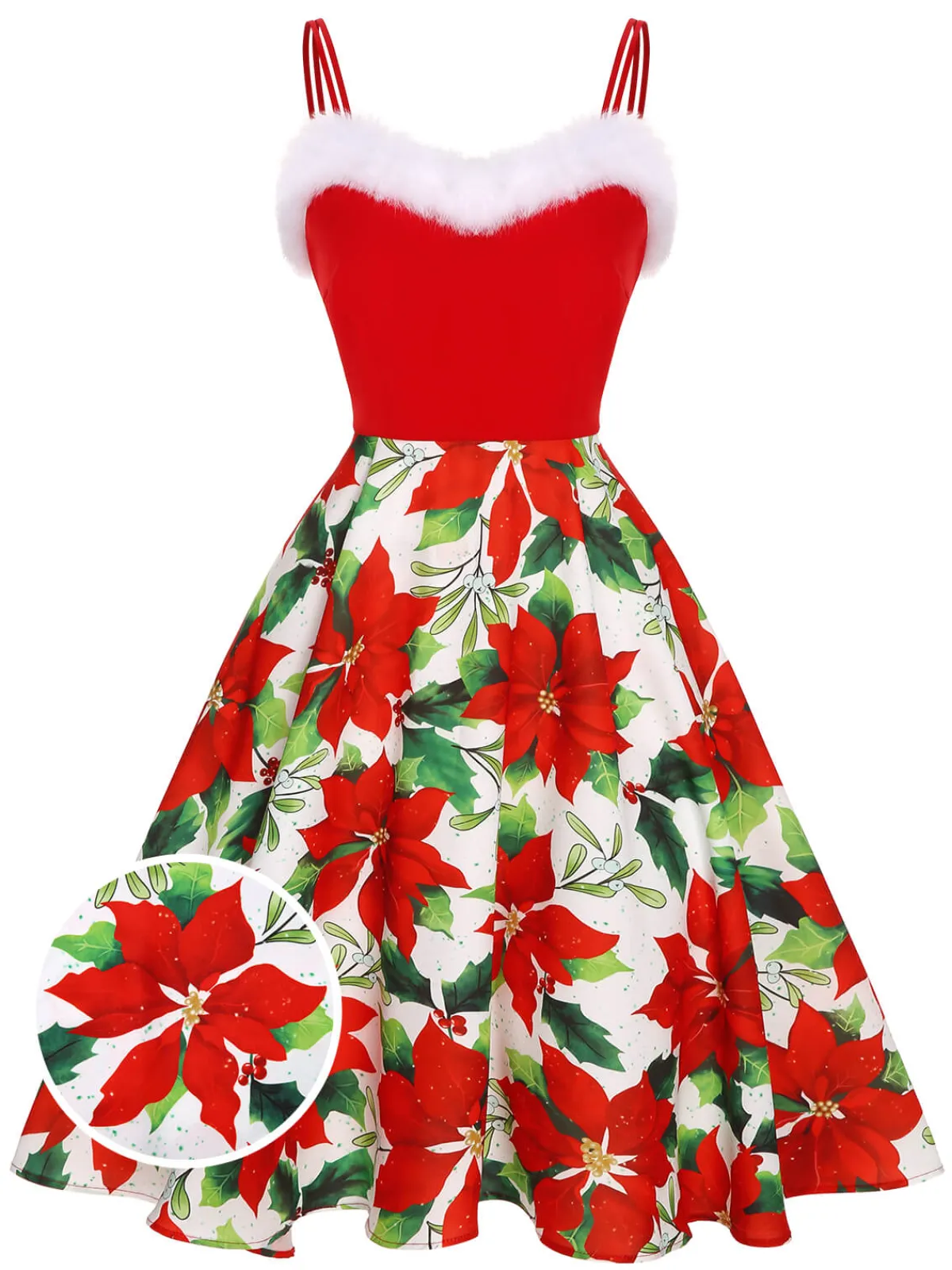 Online Retro Stage 1950s Christmas Poinsettia Shaggy Trimmed Dress Red