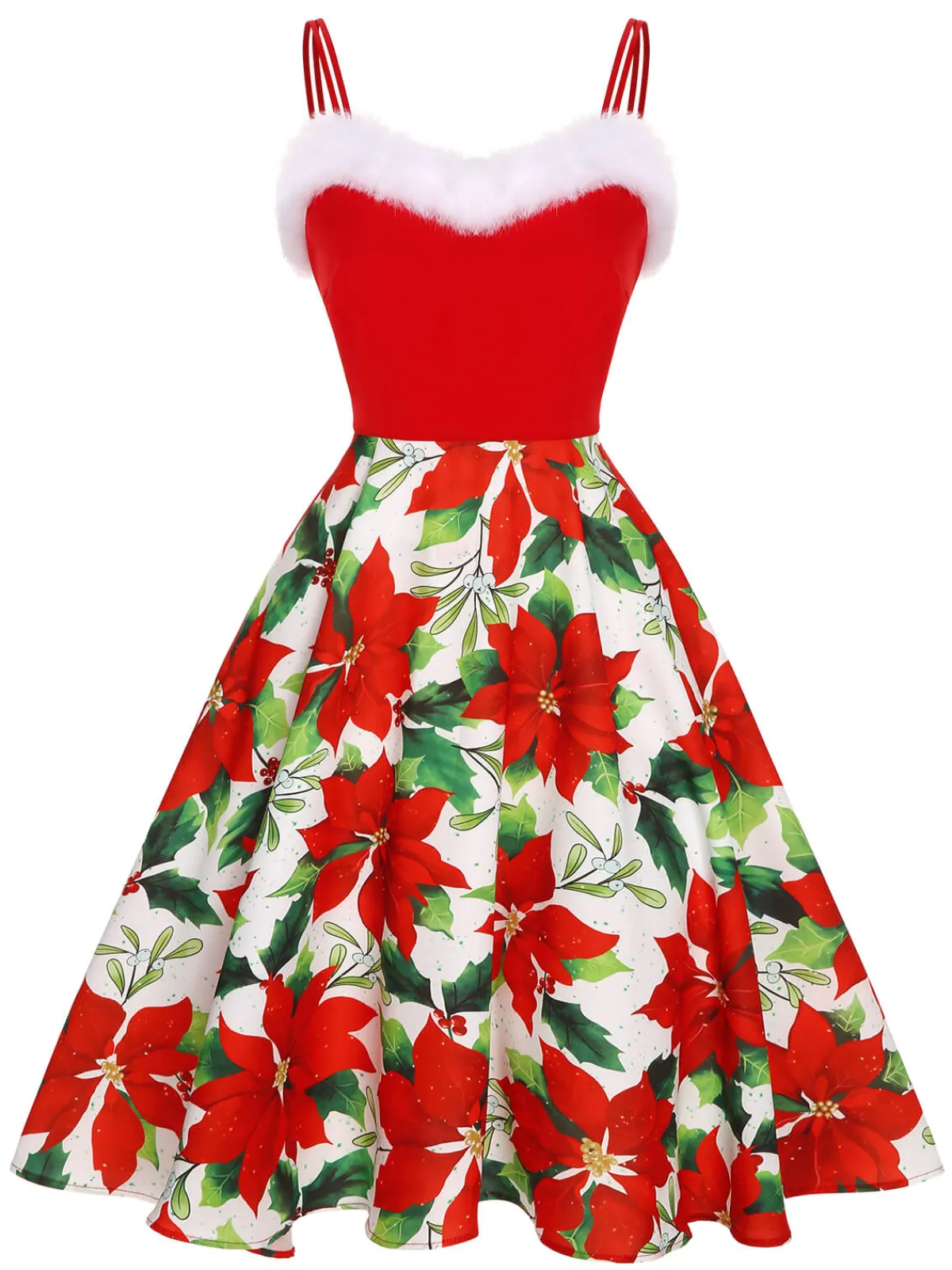 Online Retro Stage 1950s Christmas Poinsettia Shaggy Trimmed Dress Red