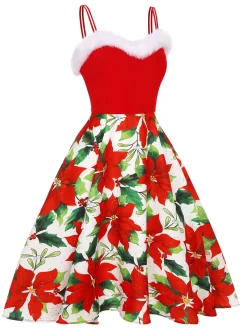 Online Retro Stage 1950s Christmas Poinsettia Shaggy Trimmed Dress Red