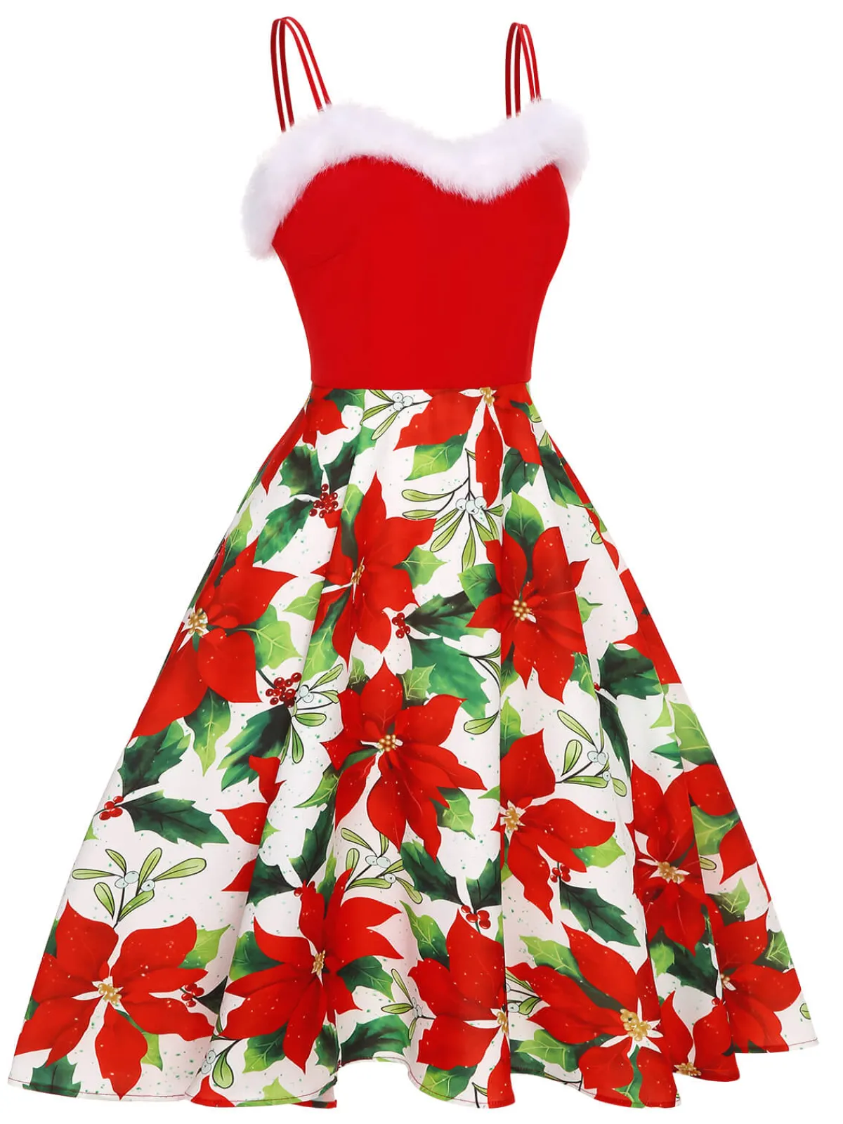 Online Retro Stage 1950s Christmas Poinsettia Shaggy Trimmed Dress Red