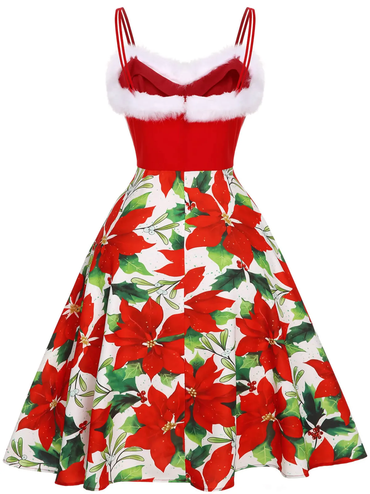 Online Retro Stage 1950s Christmas Poinsettia Shaggy Trimmed Dress Red